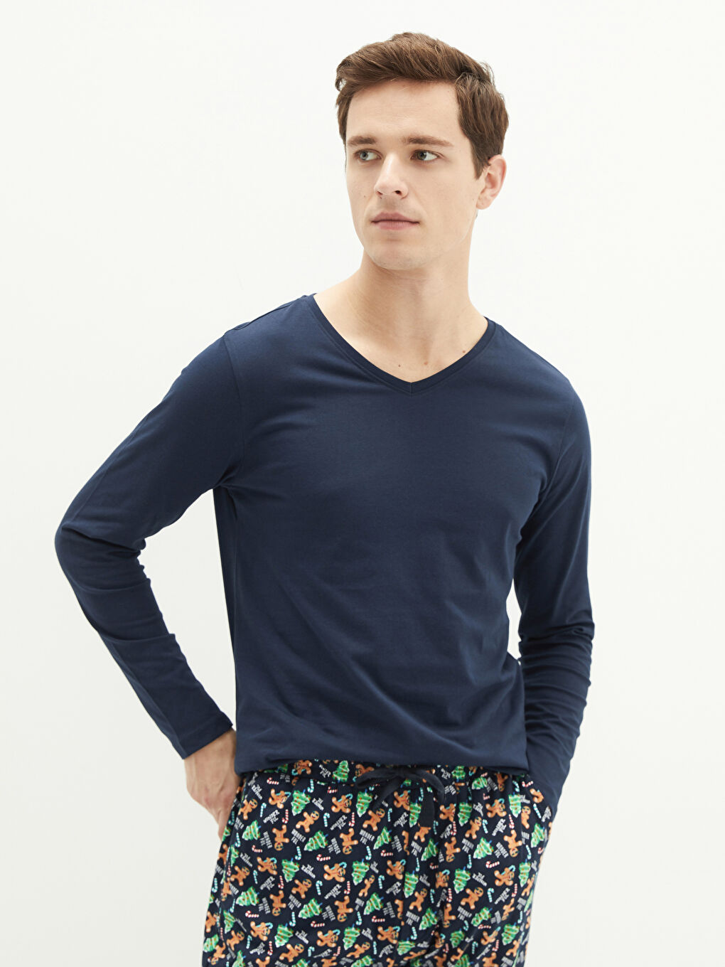 V-Neck Long Sleeve Cotton Men's Undershirt