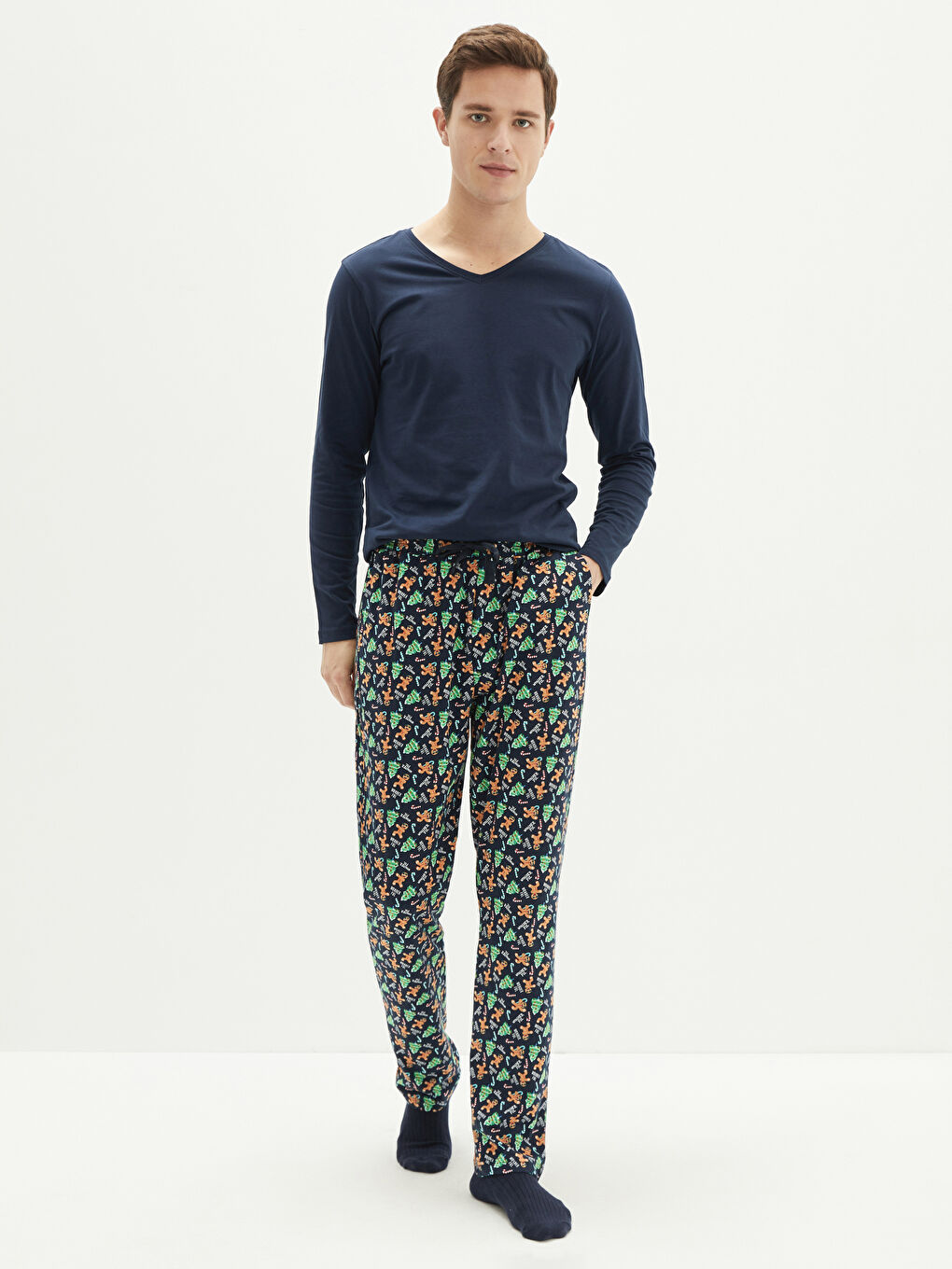 V-Neck Long Sleeve Cotton Men's Undershirt-2