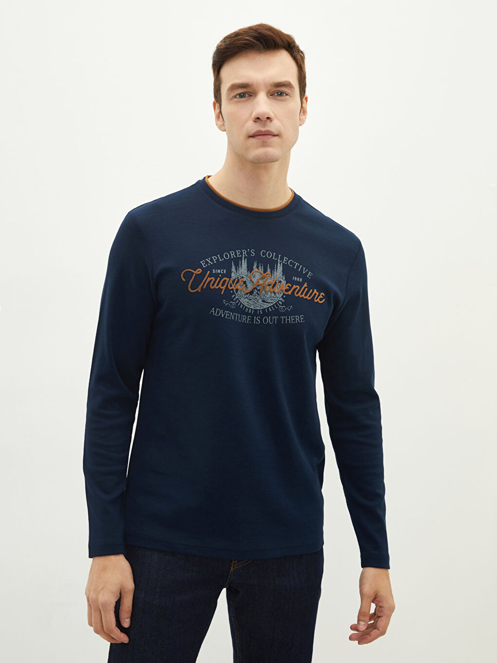 Lacivert Bisiklet Yaka Uzun Kollu Baskılı Erkek Tişört-1