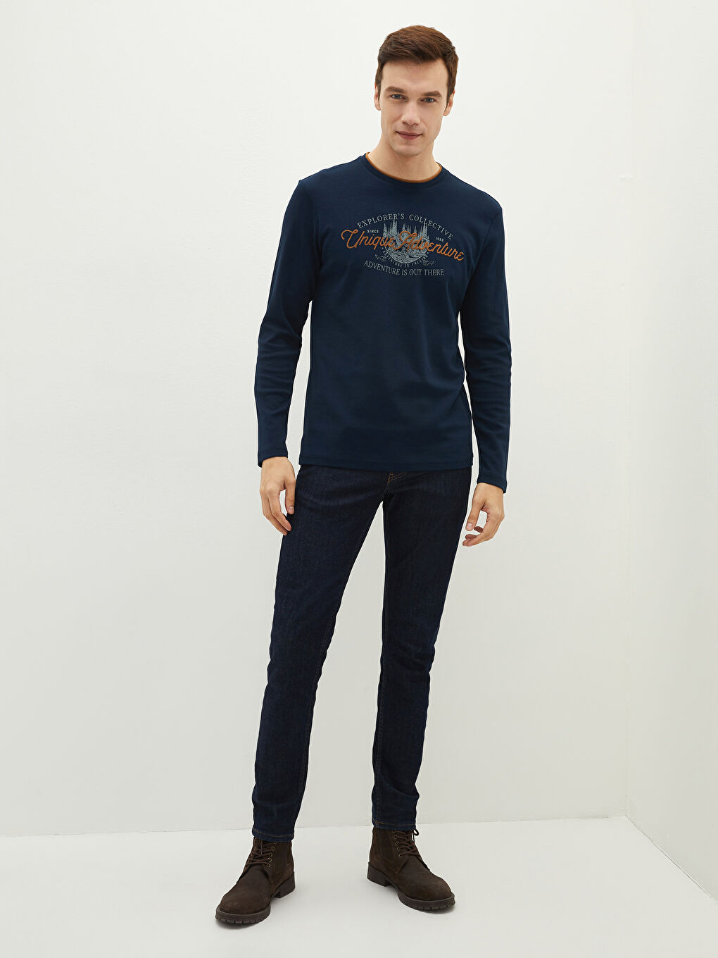 Lacivert Bisiklet Yaka Uzun Kollu Baskılı Erkek Tişört-2