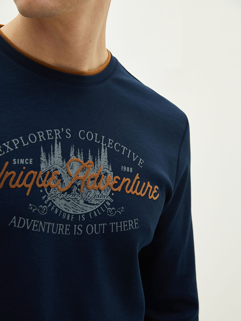 Lacivert Bisiklet Yaka Uzun Kollu Baskılı Erkek Tişört-3