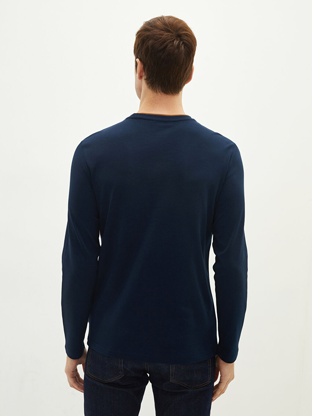 Lacivert Bisiklet Yaka Uzun Kollu Baskılı Erkek Tişört-4