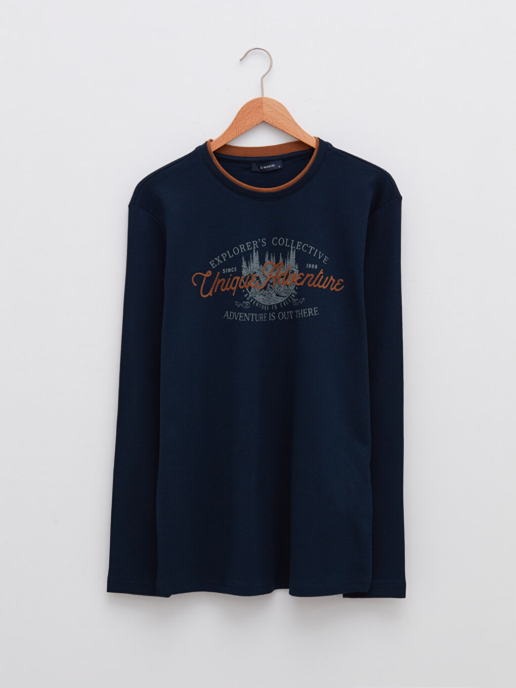 Lacivert Bisiklet Yaka Uzun Kollu Baskılı Erkek Tişört-5