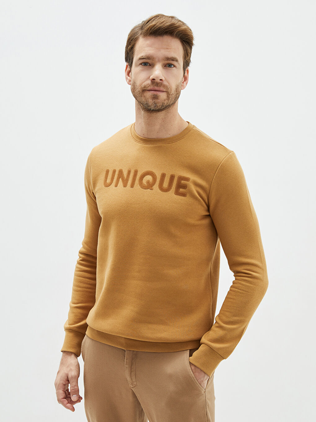 Sarı Bisiklet Yaka Uzun Kollu Baskılı Erkek Sweatshirt