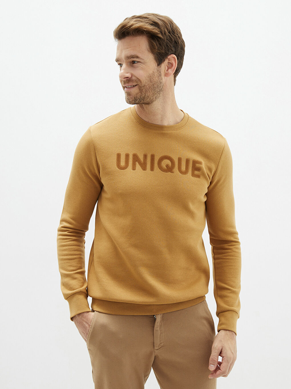 Sarı Bisiklet Yaka Uzun Kollu Baskılı Erkek Sweatshirt-1