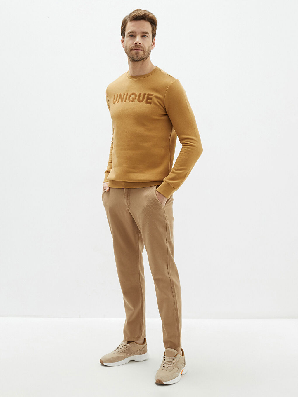 Sarı Bisiklet Yaka Uzun Kollu Baskılı Erkek Sweatshirt-2