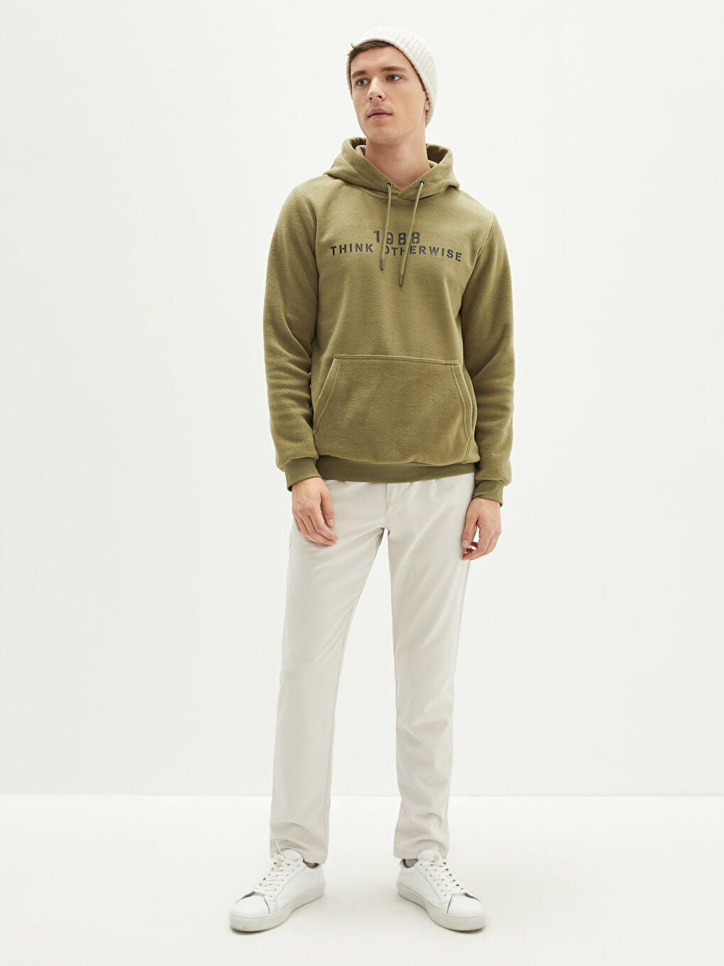 Yeşil Kapüşon Yaka Baskılı Uzun Kollu Erkek Polar Hoodie-2