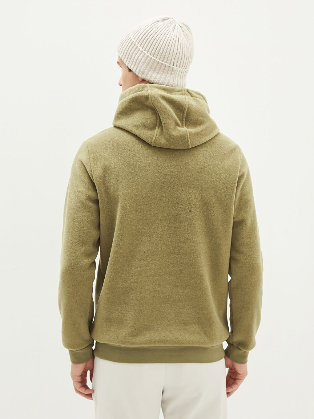 Yeşil Kapüşon Yaka Baskılı Uzun Kollu Erkek Polar Hoodie-4