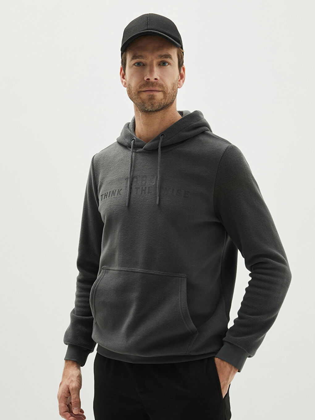 Antrasit Kapüşon Yaka Baskılı Uzun Kollu Erkek Polar Hoodie