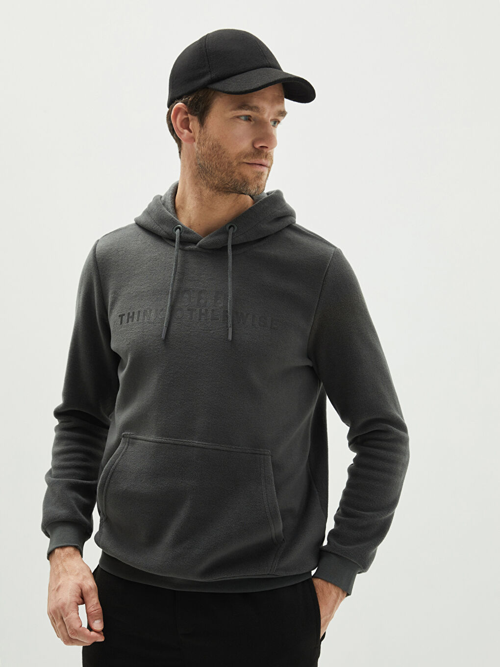 Antrasit Kapüşon Yaka Baskılı Uzun Kollu Erkek Polar Hoodie-1