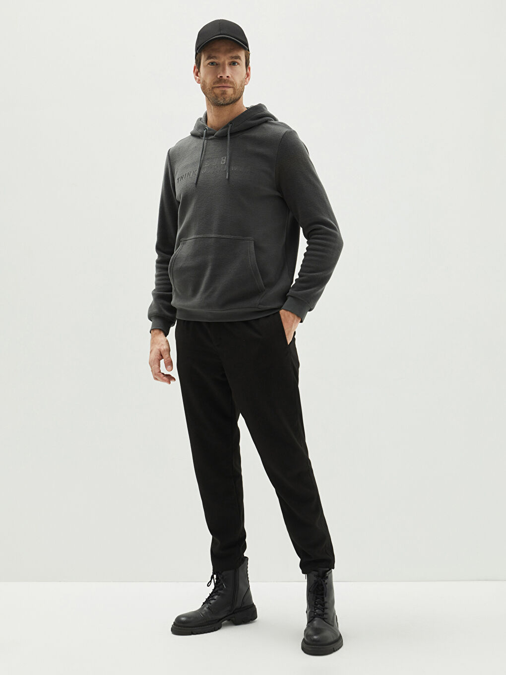 Antrasit Kapüşon Yaka Baskılı Uzun Kollu Erkek Polar Hoodie-2