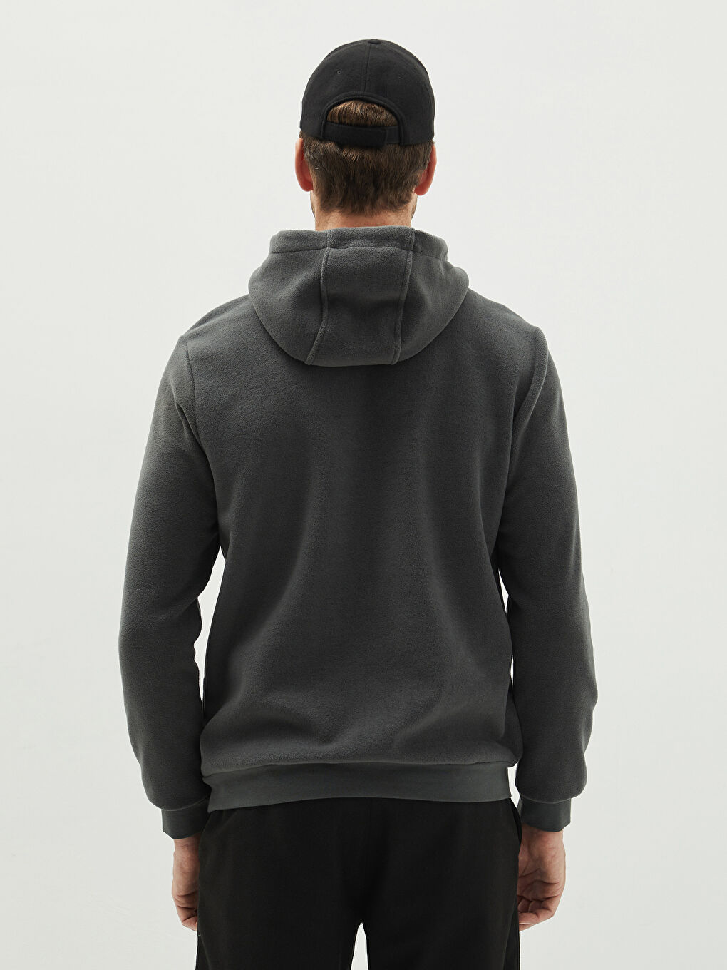 Antrasit Kapüşon Yaka Baskılı Uzun Kollu Erkek Polar Hoodie-4