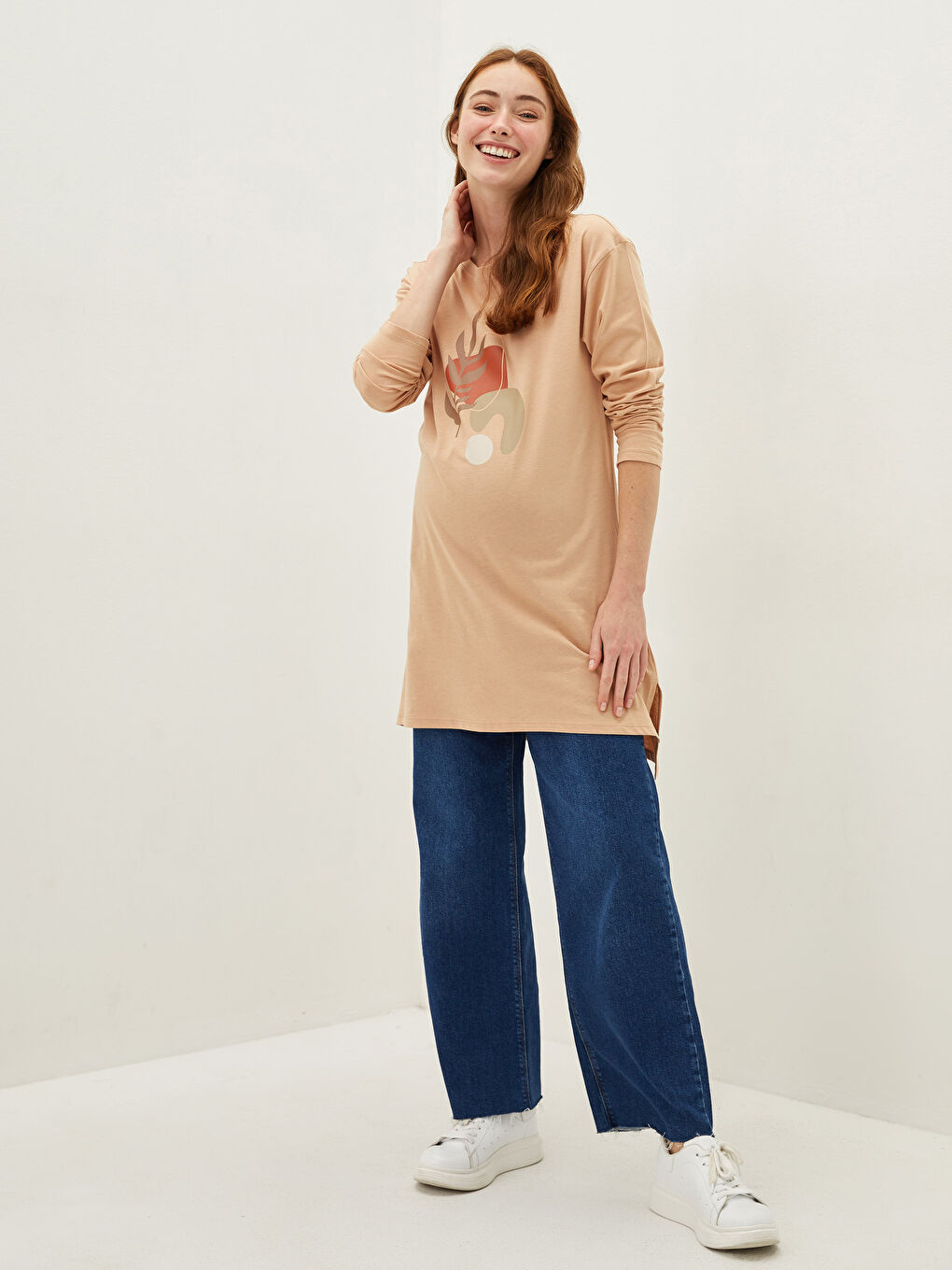 Tunique De Maternité Coupe Trapèze Imprimée À Manches Longues Et Col Rond-1