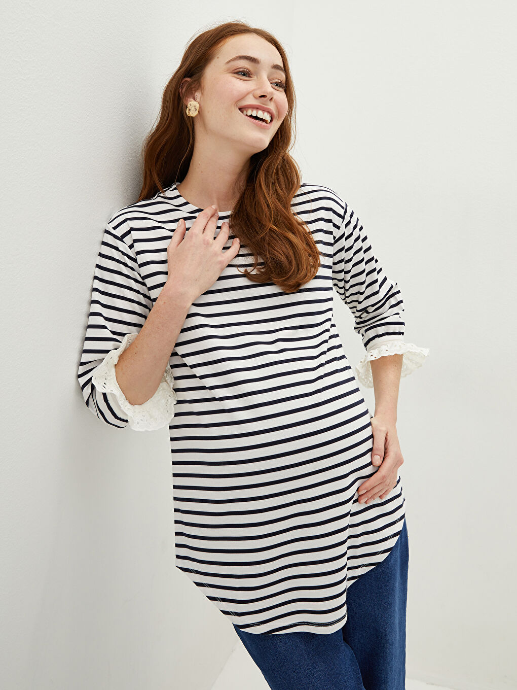 Lacivert Bisiklet Yaka Çizgili A Kesim Hamile Tunik-1