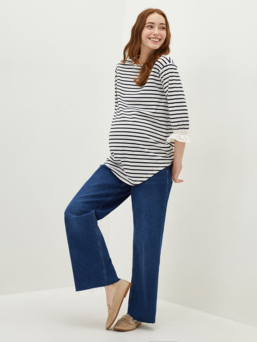 Lacivert Bisiklet Yaka Çizgili A Kesim Hamile Tunik-2
