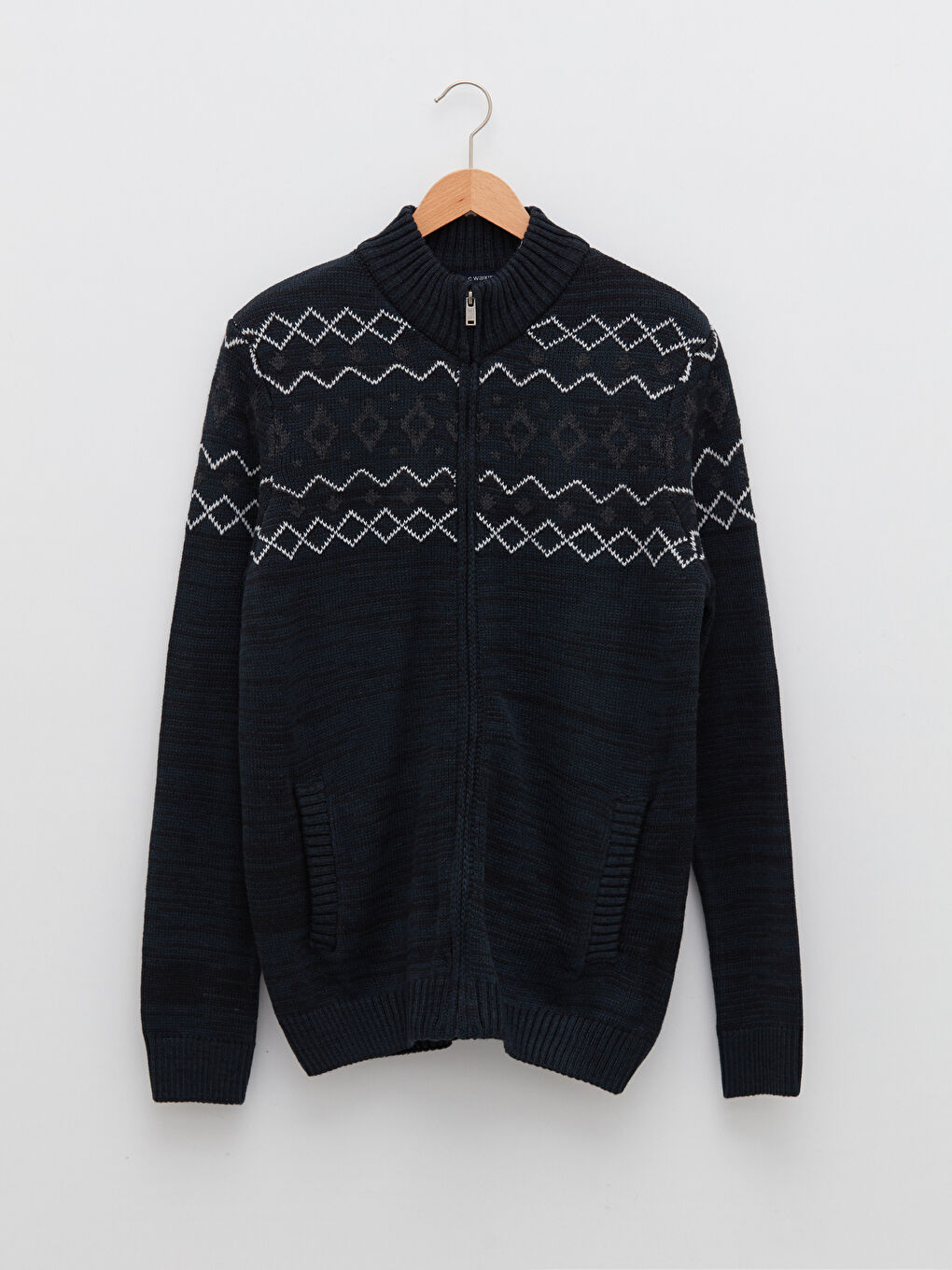 Lacivert Standart Kalıp Dik Yaka Uzun Kollu Erkek Triko Hırka-5