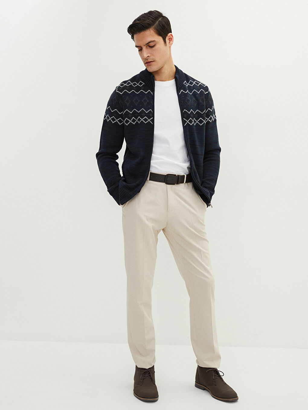 Lacivert Standart Kalıp Dik Yaka Uzun Kollu Erkek Triko Hırka-2