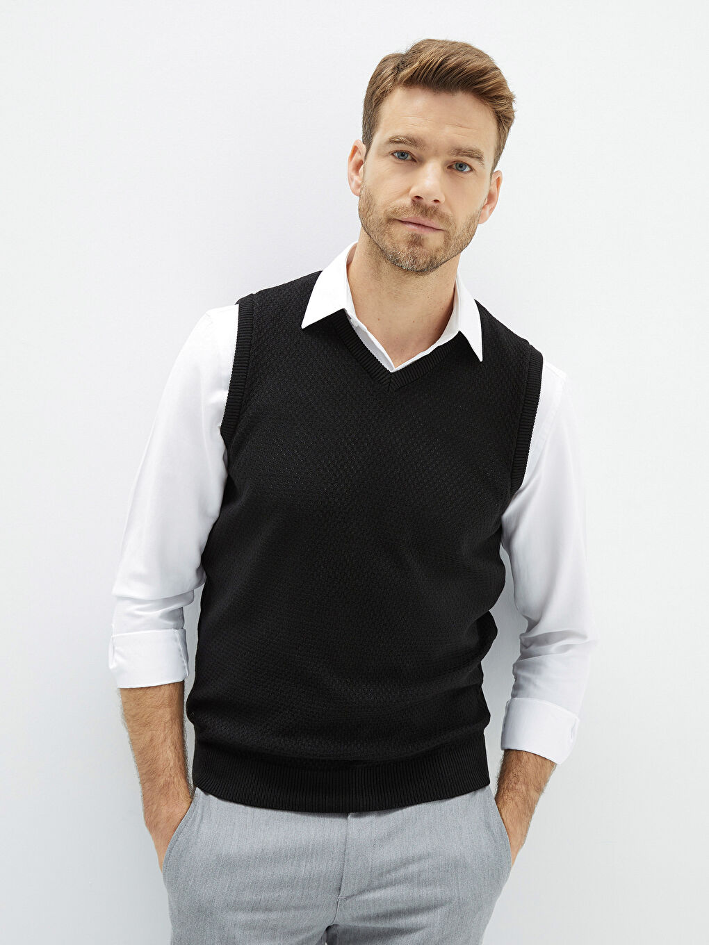 Vesta Pulover Dreaptă fără Mâneci cu Decolteu în V pentru Bărbați-1
