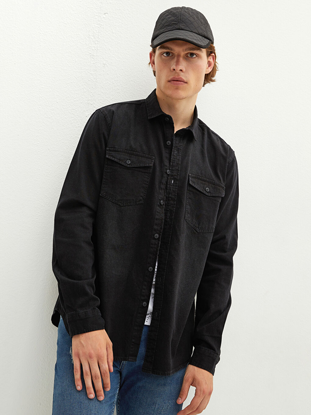 Siyah Slim Fit Uzun Kollu Erkek Jean Gömlek-2