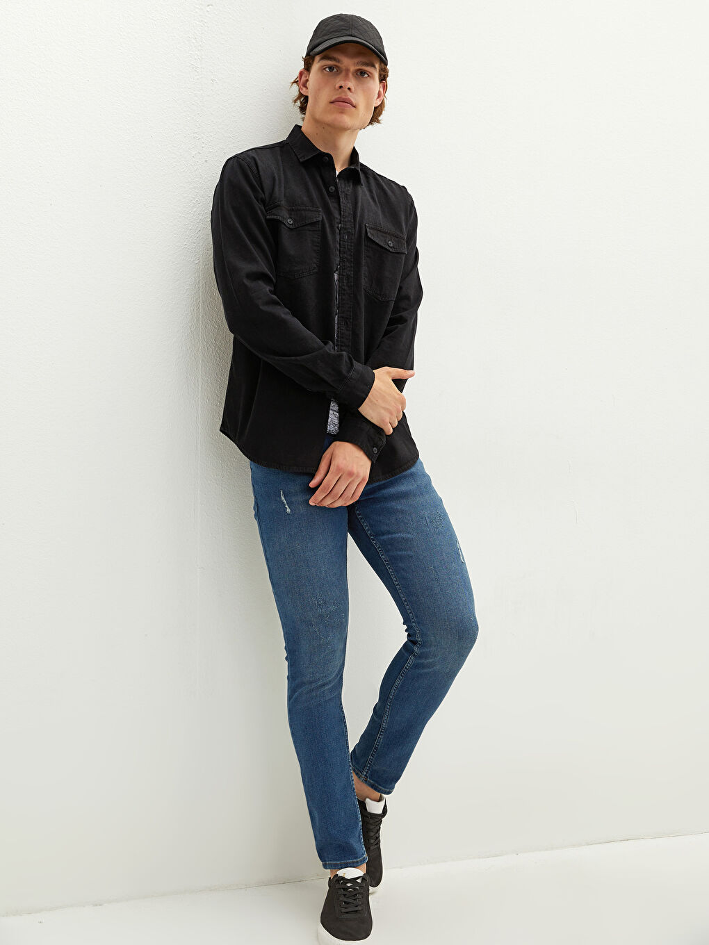 Siyah Slim Fit Uzun Kollu Erkek Jean Gömlek-4