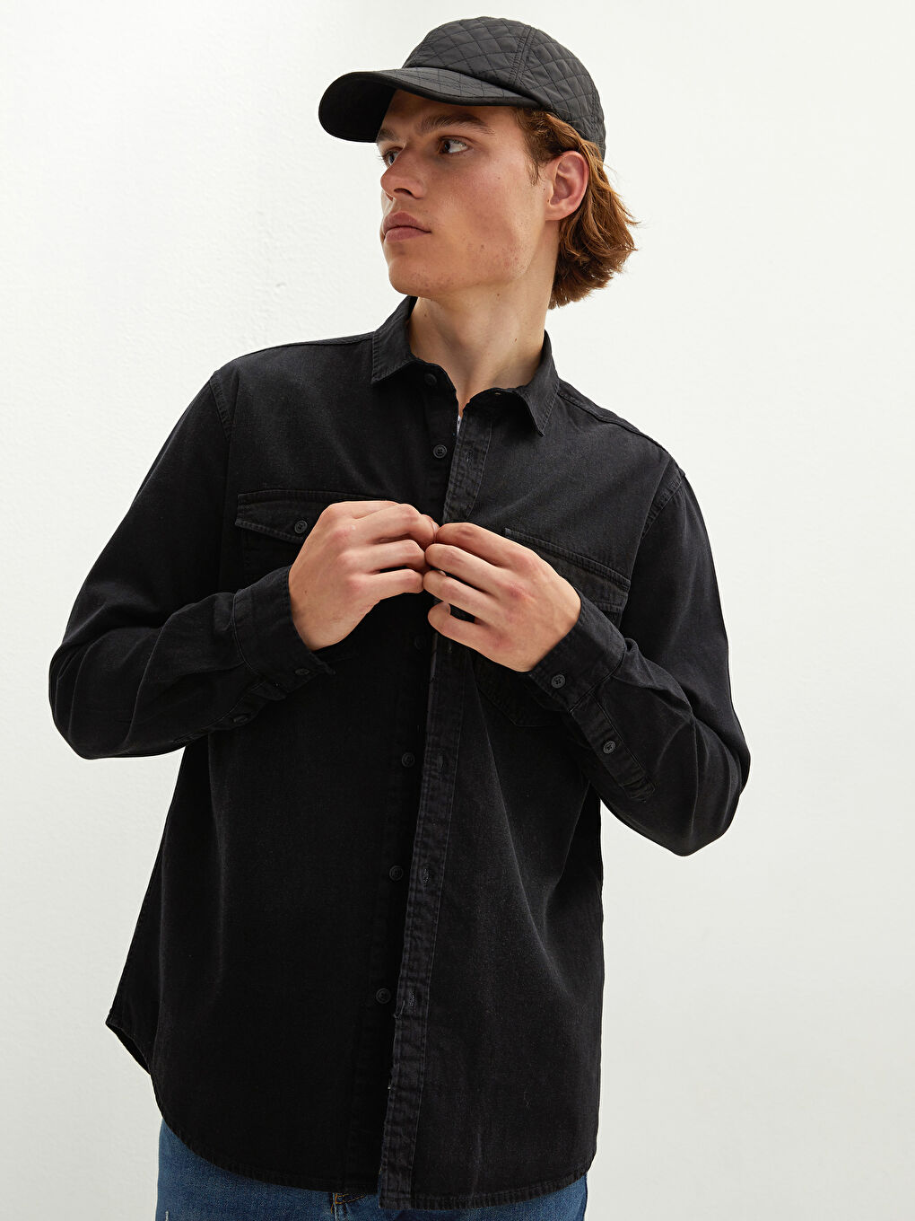 Siyah Slim Fit Uzun Kollu Erkek Jean Gömlek-1