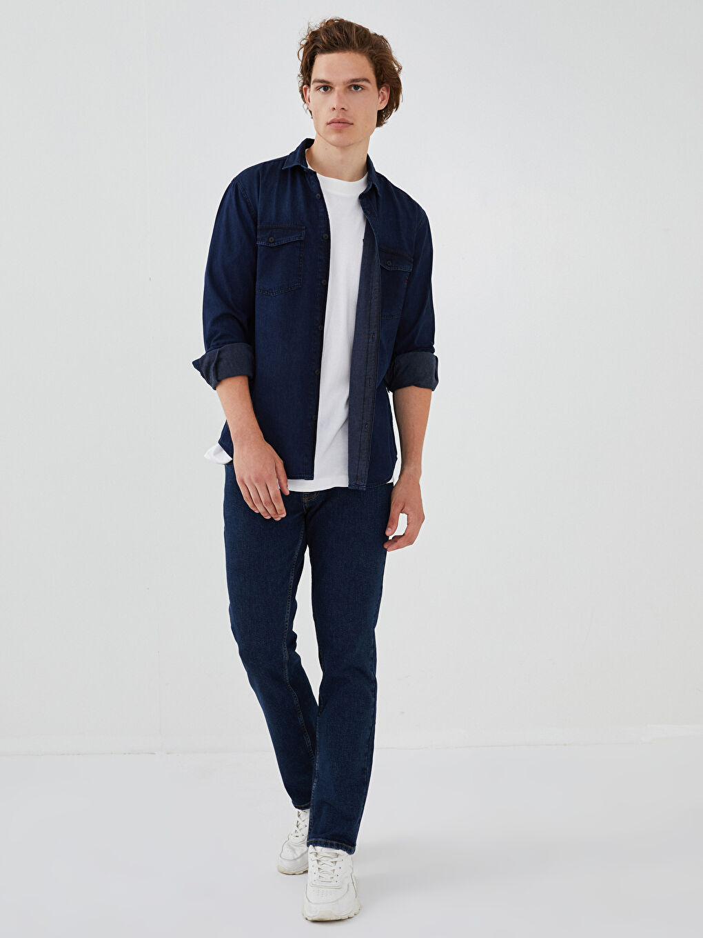 İndigo Slim Fit Uzun Kollu Erkek Jean Gömlek-2