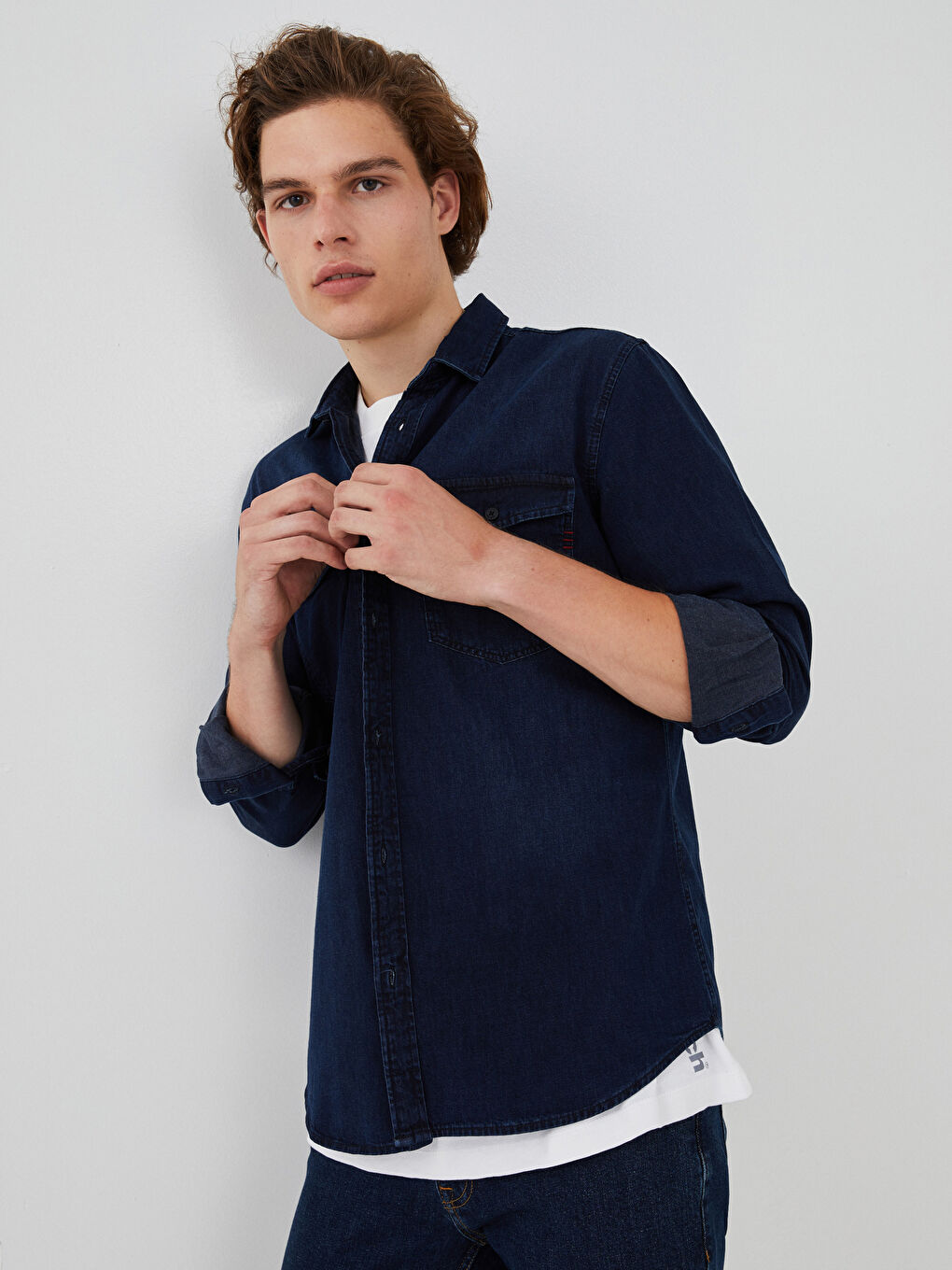 İndigo Slim Fit Uzun Kollu Erkek Jean Gömlek-3