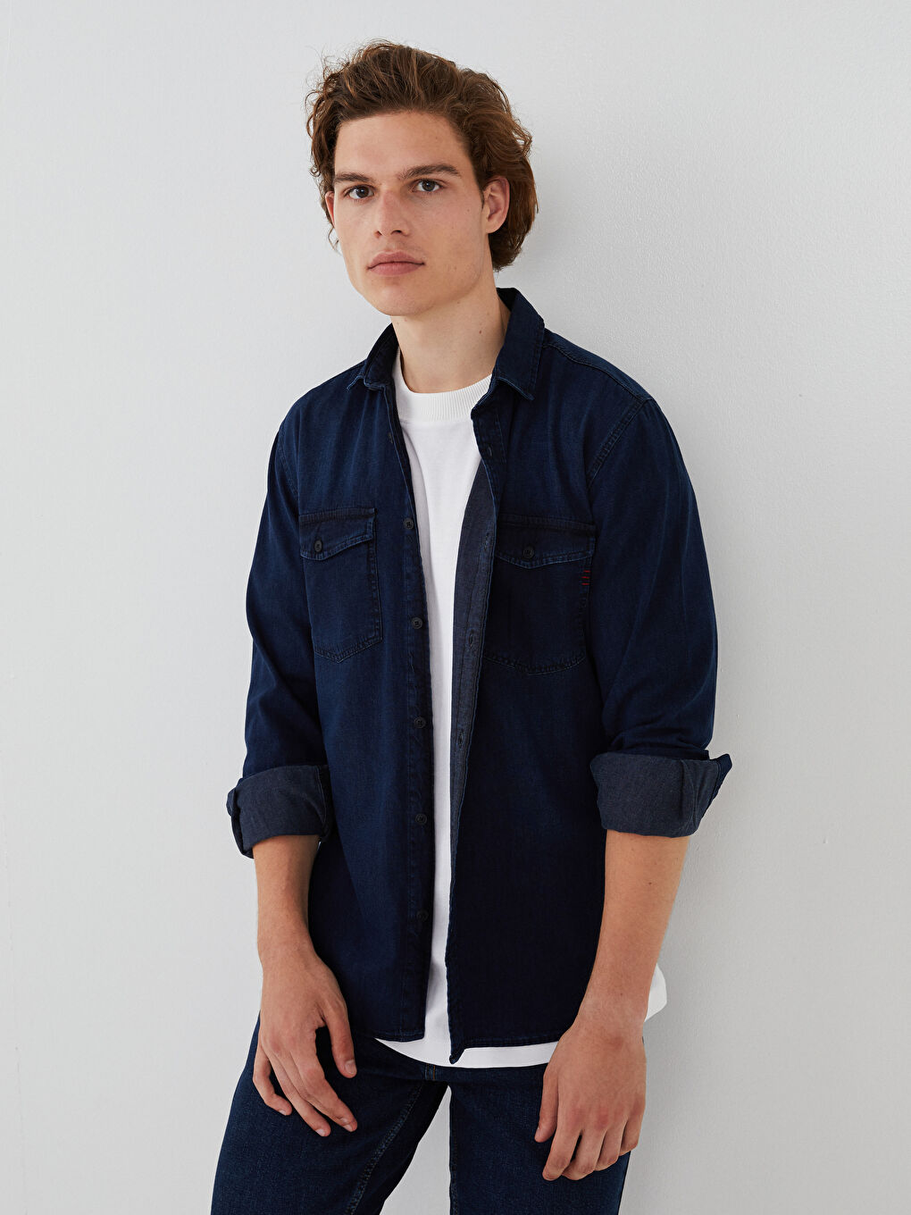 İndigo Slim Fit Uzun Kollu Erkek Jean Gömlek