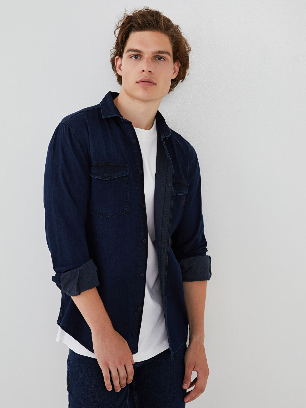 İndigo Slim Fit Uzun Kollu Erkek Jean Gömlek-1