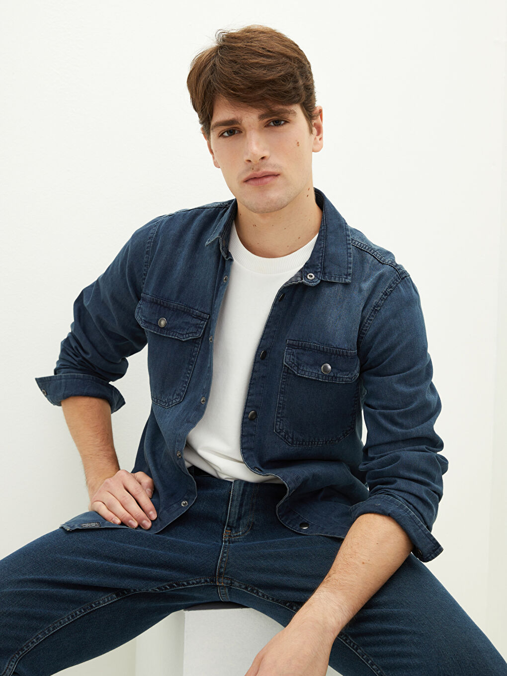 İndigo Slim Fit Uzun Kollu Erkek Jean Gömlek