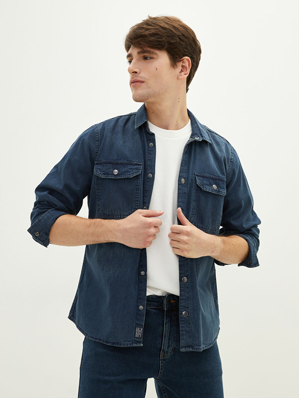 İndigo Slim Fit Uzun Kollu Erkek Jean Gömlek-1