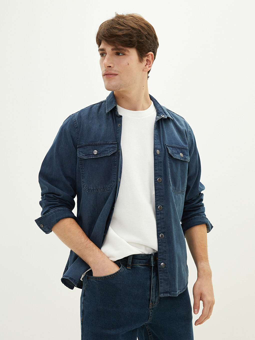 İndigo Slim Fit Uzun Kollu Erkek Jean Gömlek-2