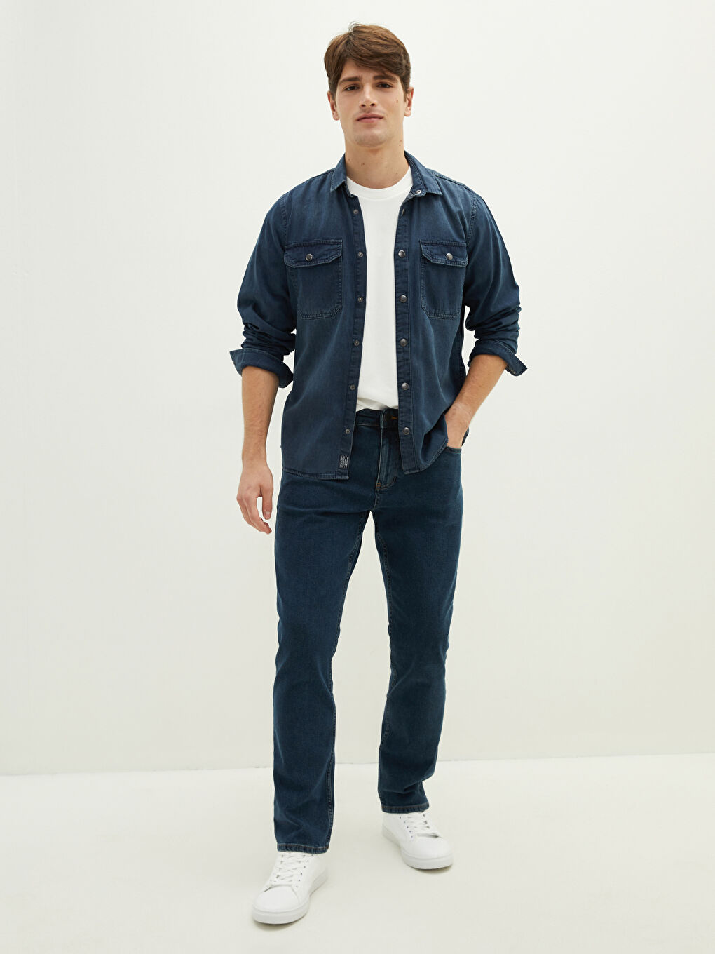 İndigo Slim Fit Uzun Kollu Erkek Jean Gömlek-3