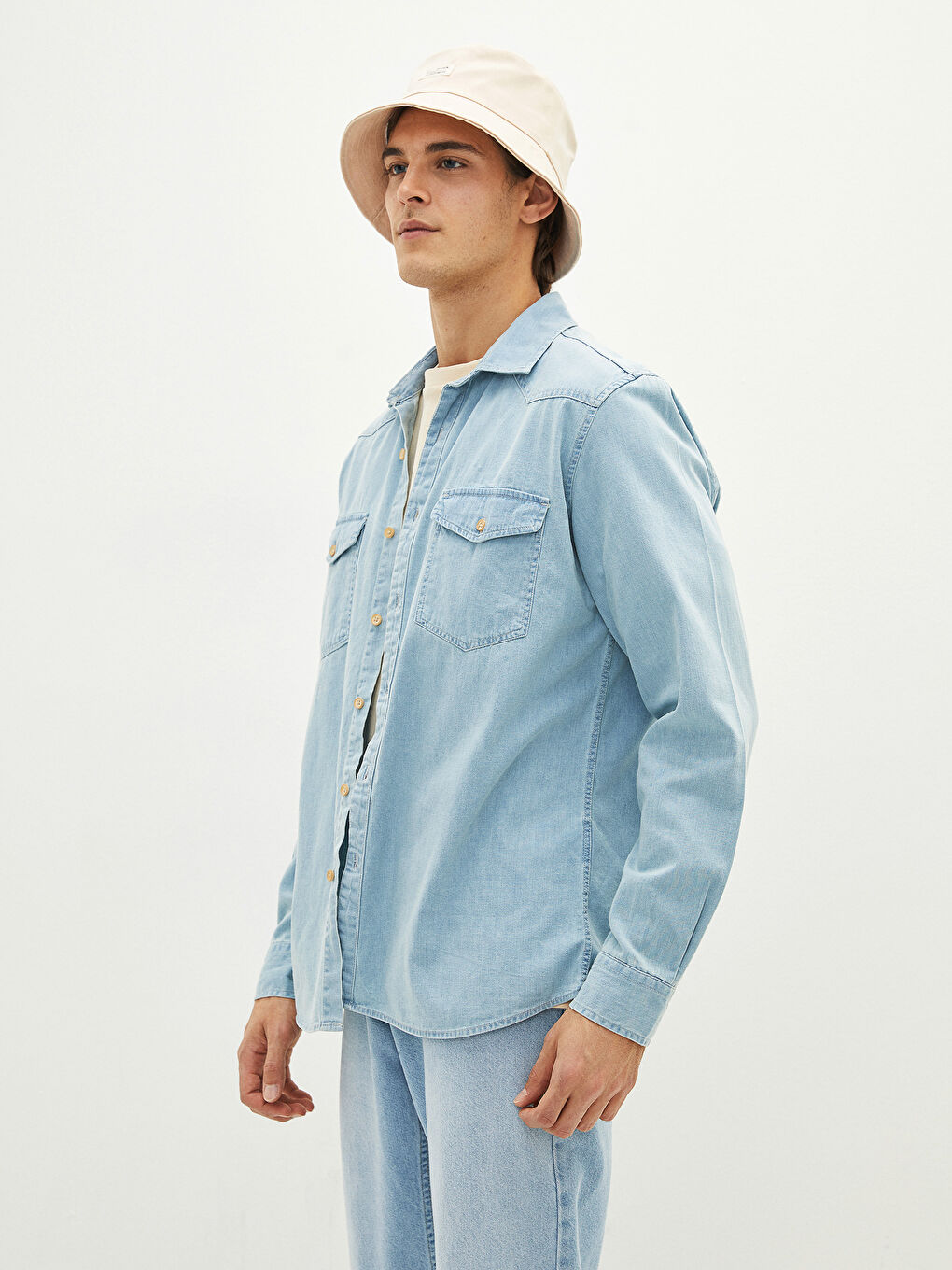 İndigo Slim Fit Uzun Kollu Erkek Jean Gömlek-1