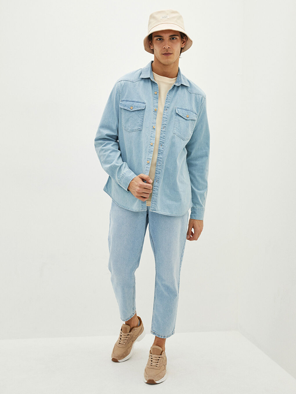 İndigo Slim Fit Uzun Kollu Erkek Jean Gömlek-3