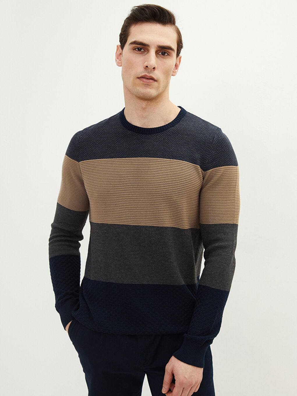 Bej Bisiklet Yaka Uzun Kollu Renk Bloklu Erkek Triko Kazak-1