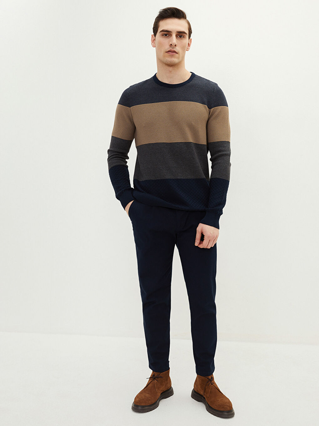 Bej Bisiklet Yaka Uzun Kollu Renk Bloklu Erkek Triko Kazak-2