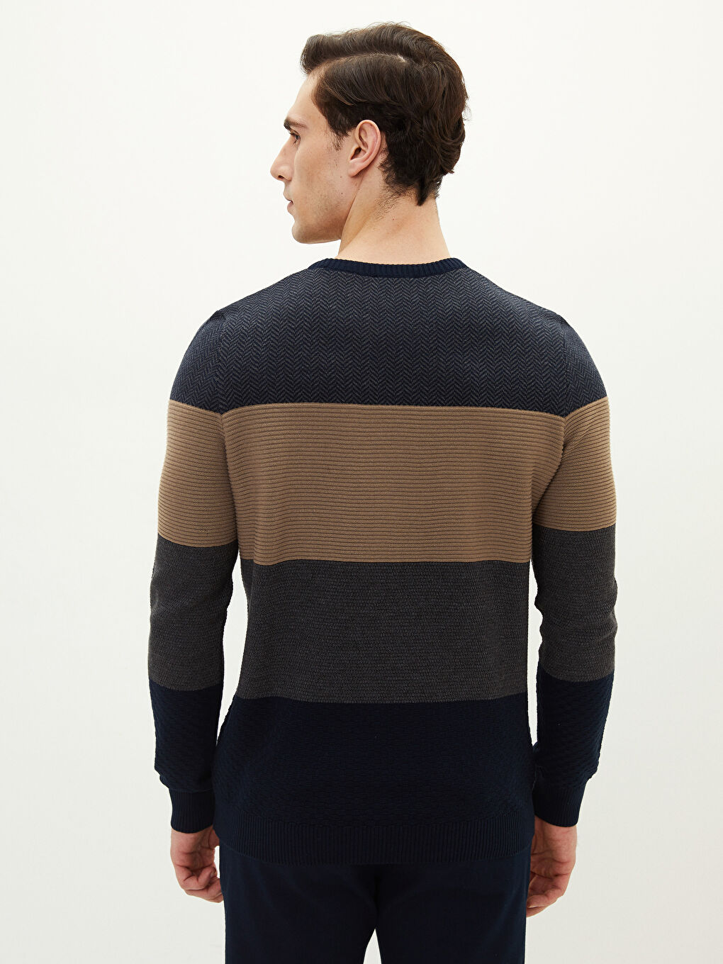 Bej Bisiklet Yaka Uzun Kollu Renk Bloklu Erkek Triko Kazak-4