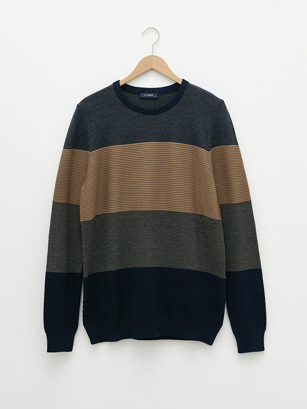 Bej Bisiklet Yaka Uzun Kollu Renk Bloklu Erkek Triko Kazak-5