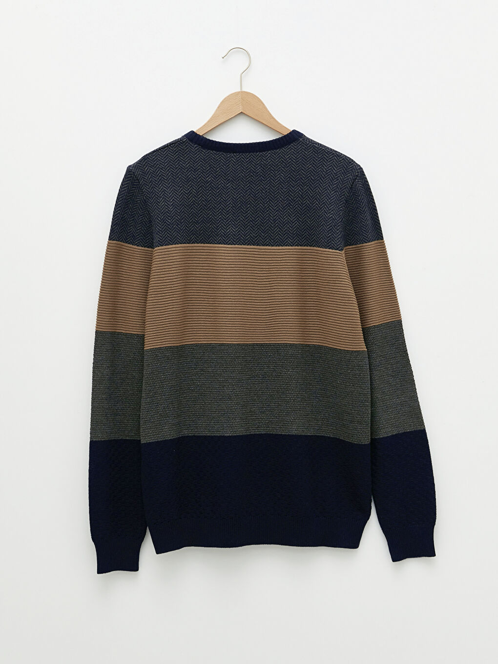 Bej Bisiklet Yaka Uzun Kollu Renk Bloklu Erkek Triko Kazak-6