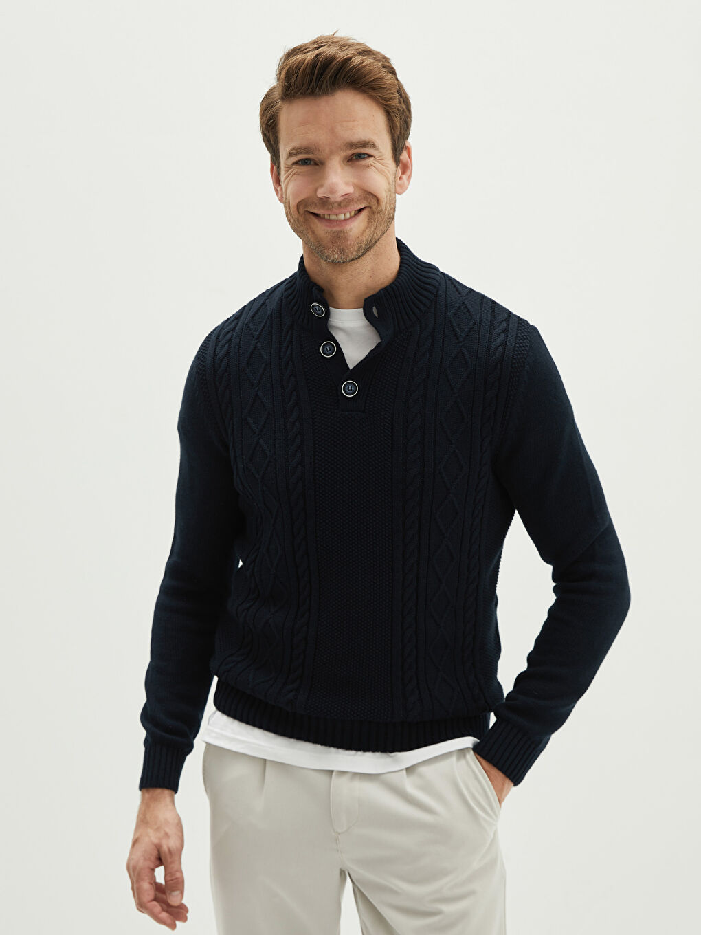 Funnel Neck Long Sleeve Men's Knitwear Sweater