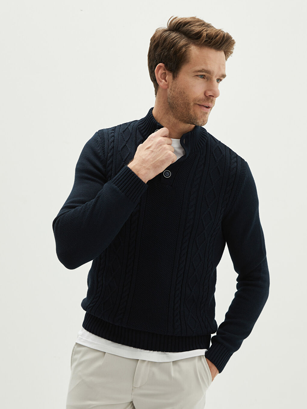 Funnel Neck Long Sleeve Men's Knitwear Sweater-1