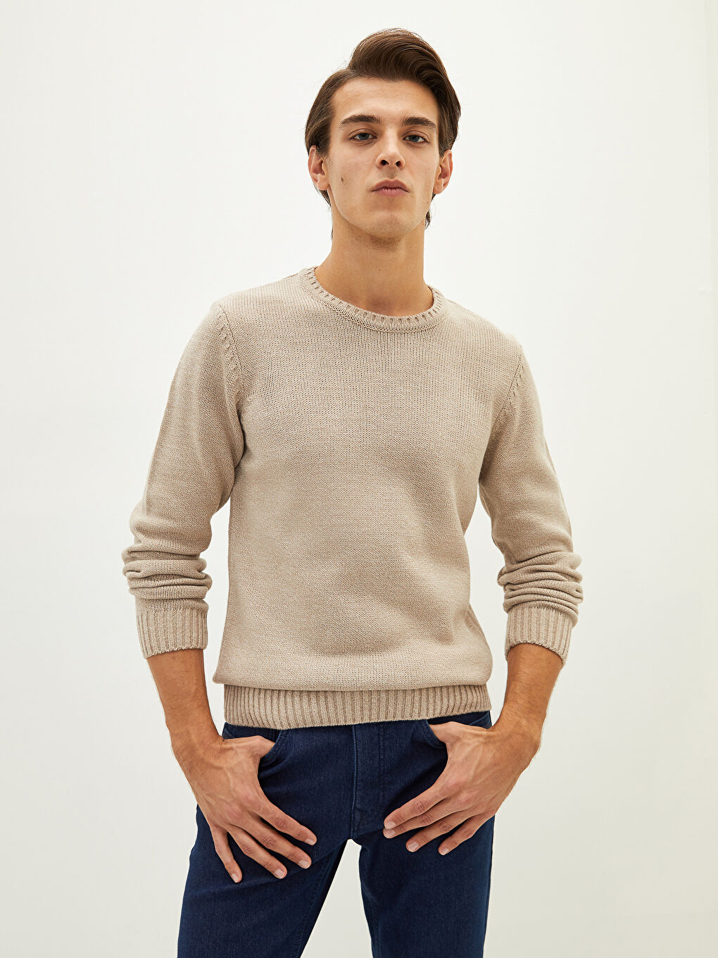 Bej Bisiklet Yaka Erkek Triko Kazak