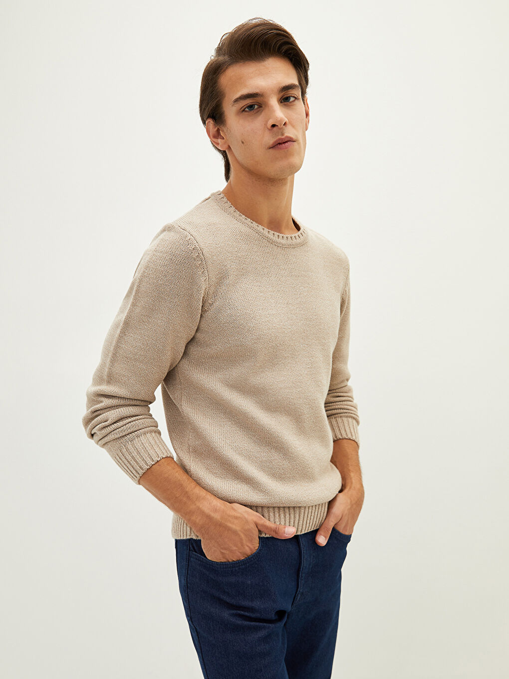 Bej Bisiklet Yaka Erkek Triko Kazak-1