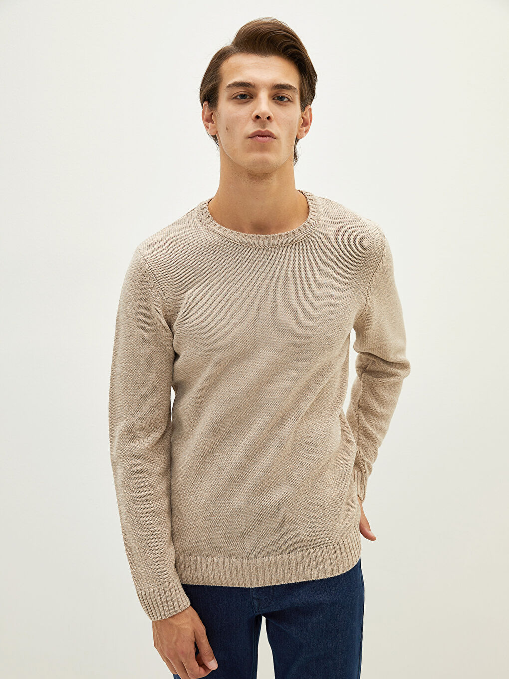 Bej Bisiklet Yaka Erkek Triko Kazak-2