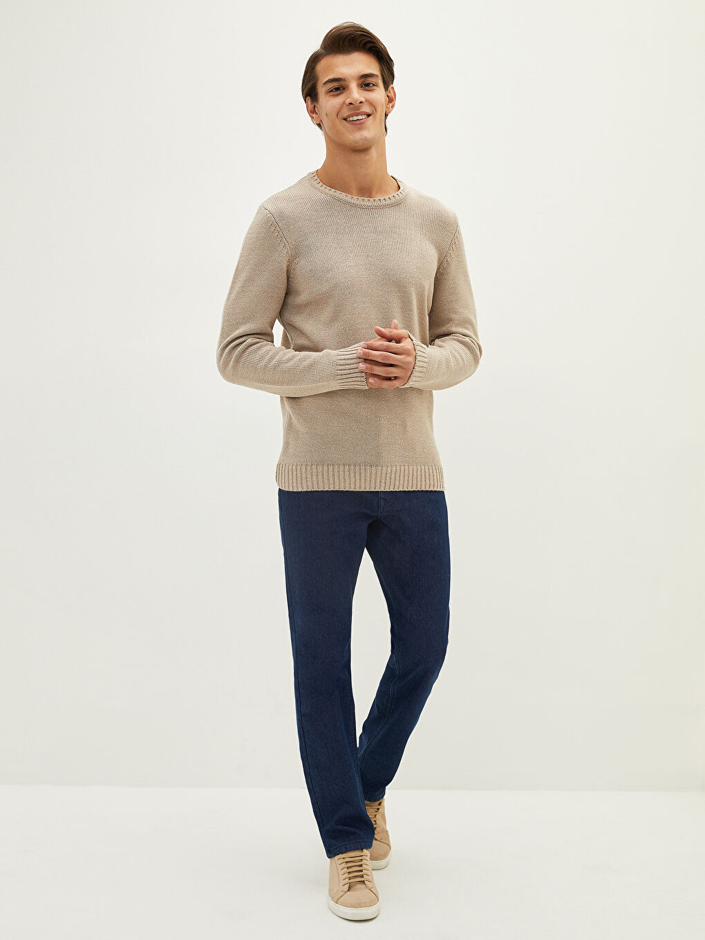 Bej Bisiklet Yaka Erkek Triko Kazak-3