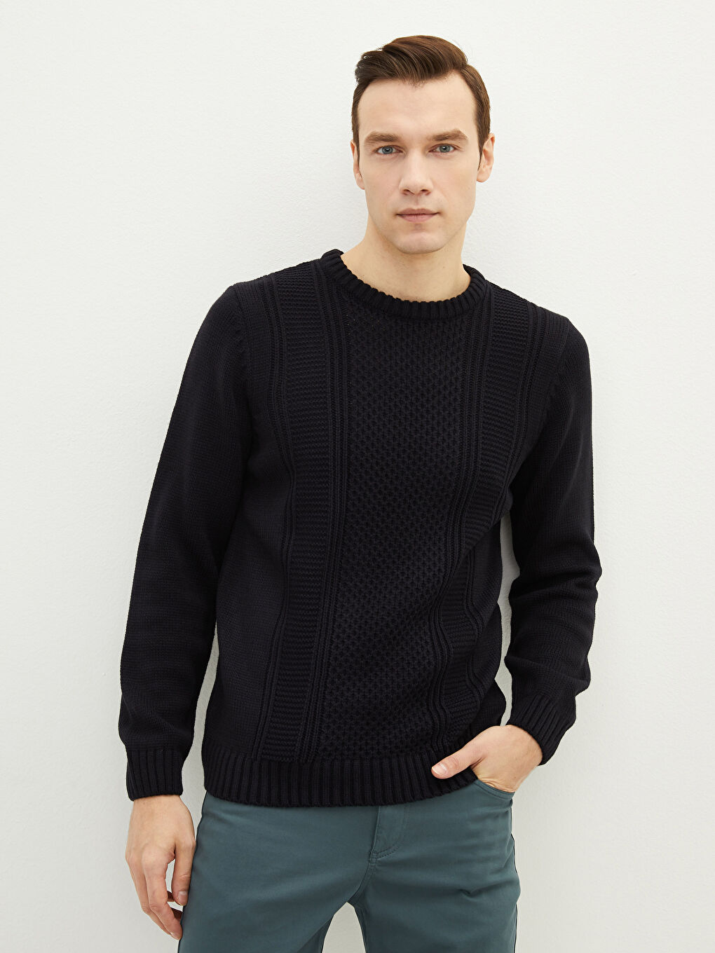 Crew Neck Long Sleeve Men's Tricot Sweater-1