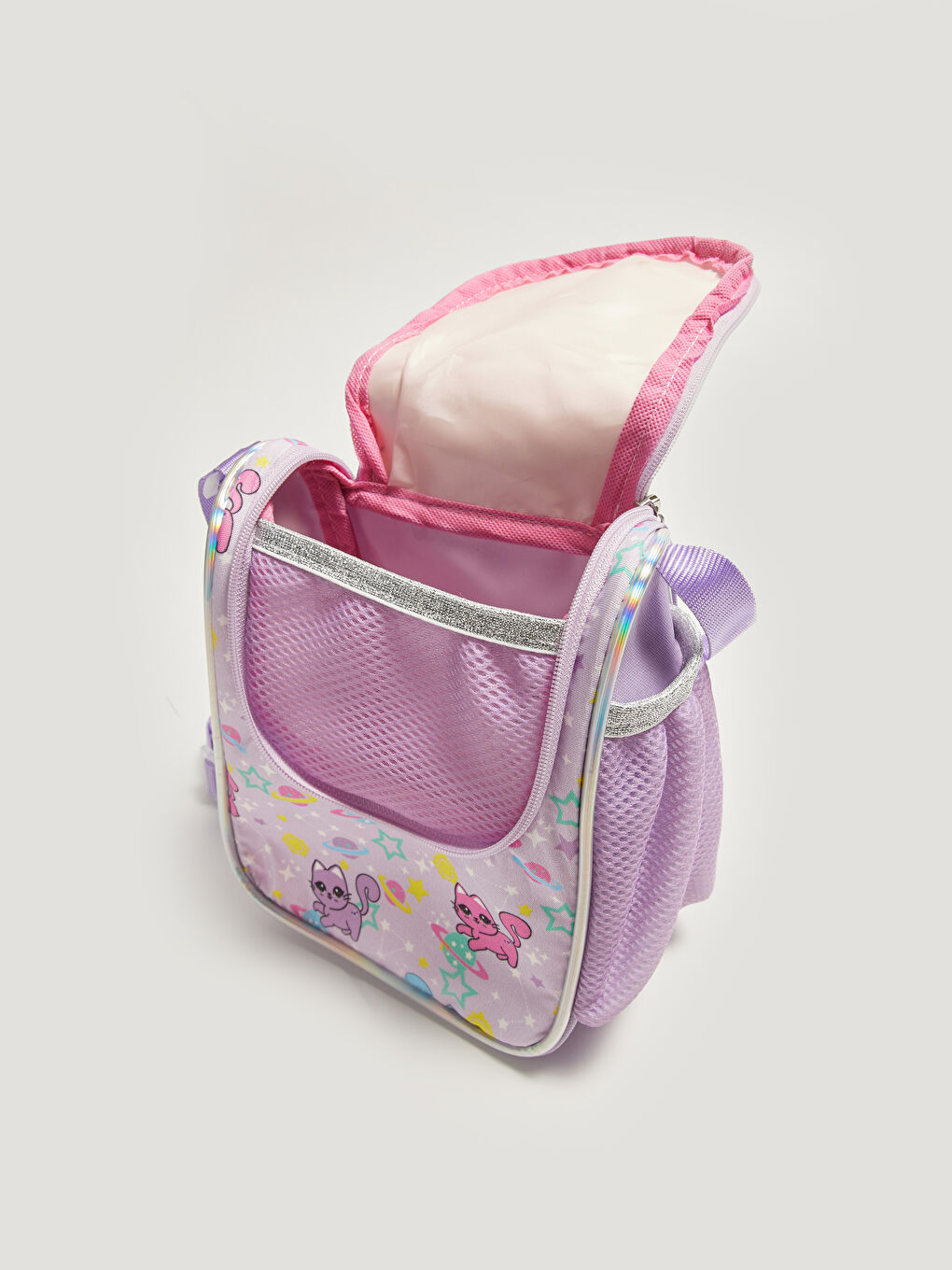 Lila Kız Çocuk Kedi Baskılı Beslenme Çantası-1