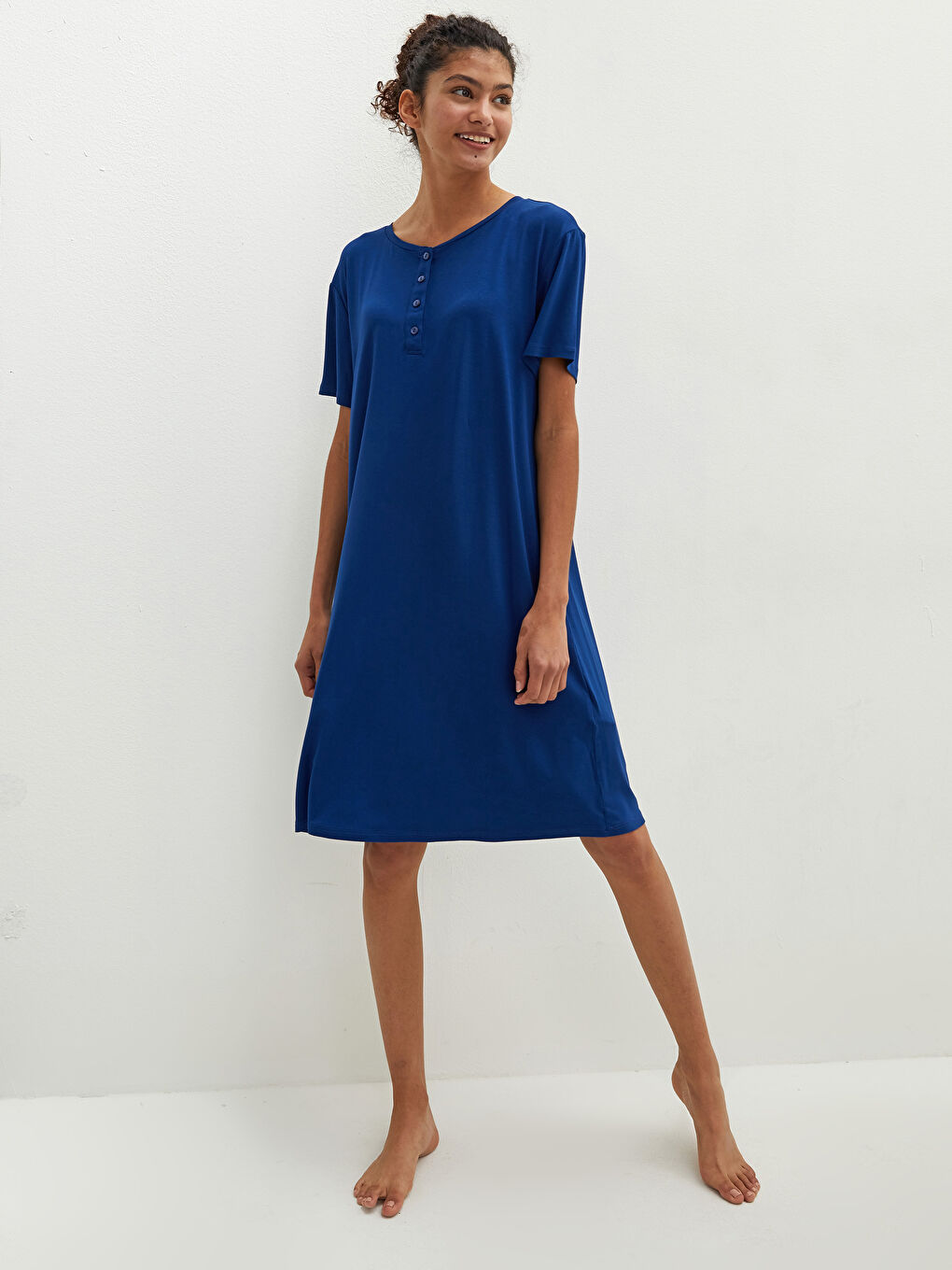 Lacivert Bisiklet Yaka Kadın Gecelik