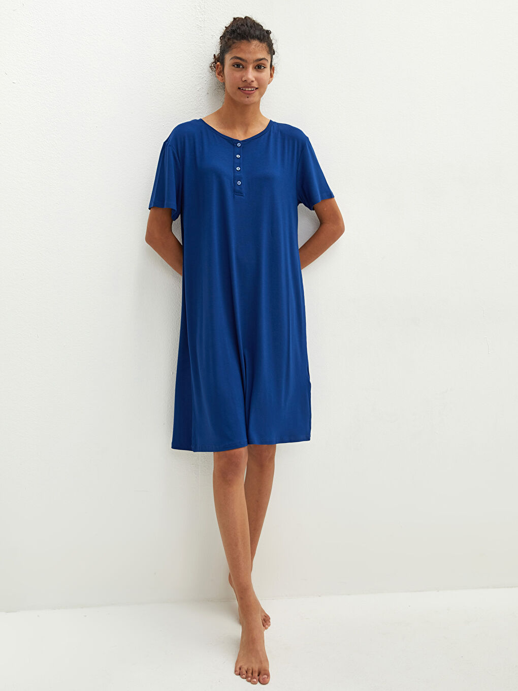 Lacivert Bisiklet Yaka Kadın Gecelik-1